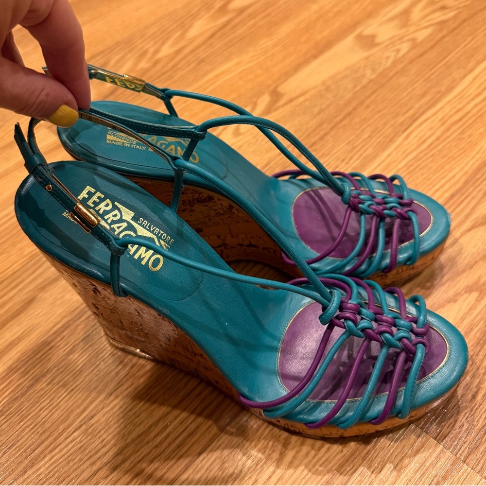 Salvatore Ferragamo Purple‎ and Teal Braided Lacquer Cork Wedge Sandals 8.5 C